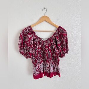 SEA NEW YORK burgundy red bandana puff sleeve top / size XS
